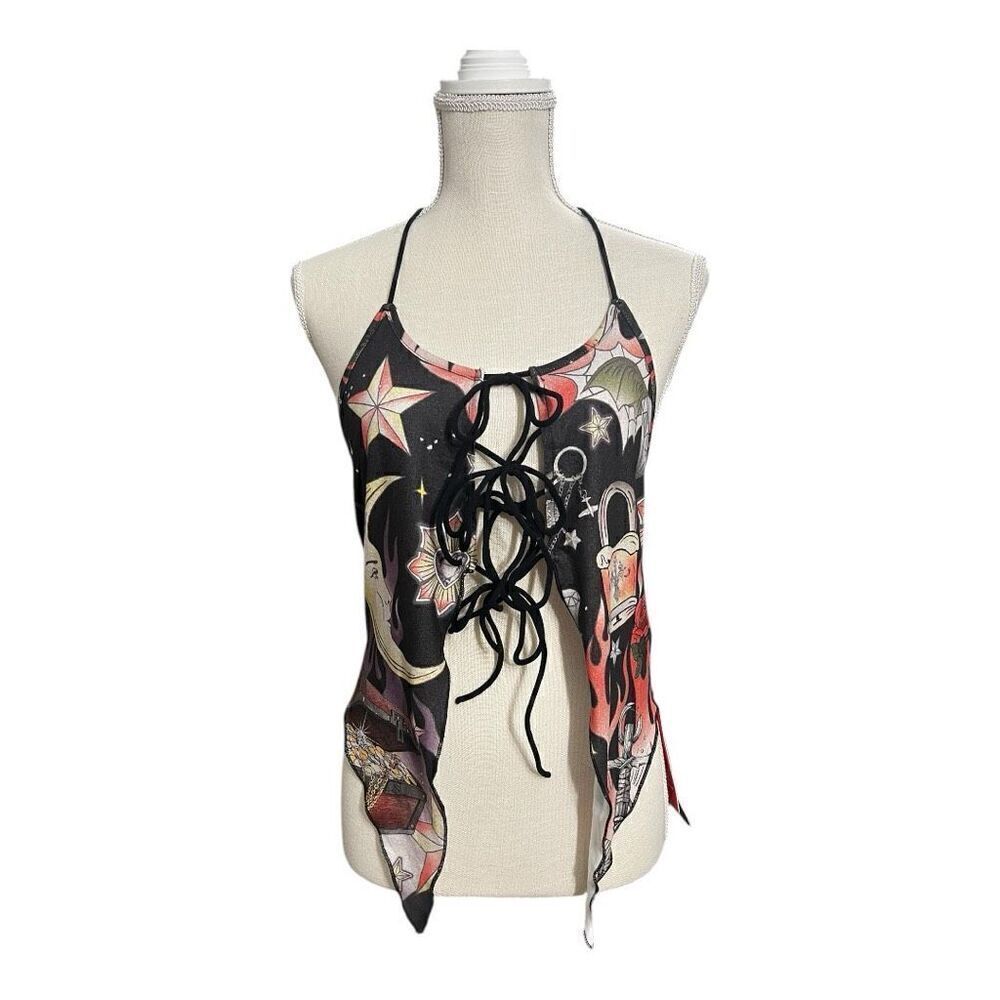 Romwe Black Multicolor Moon Floral Print Halter Top Size L Lace Up Open Back - Picture 2 of 10